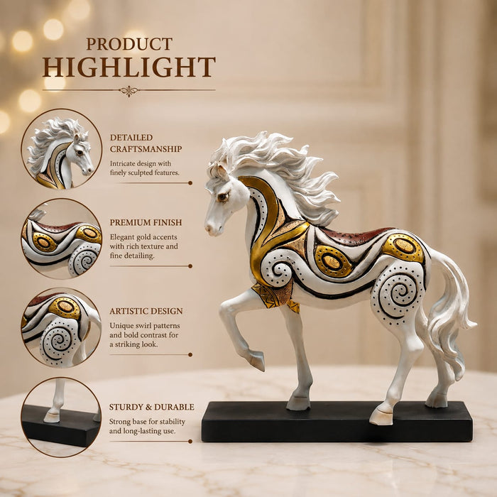 A direct front-facing view of the White and Gold Horse Figurine showcasing its vibrant details and premium finish.