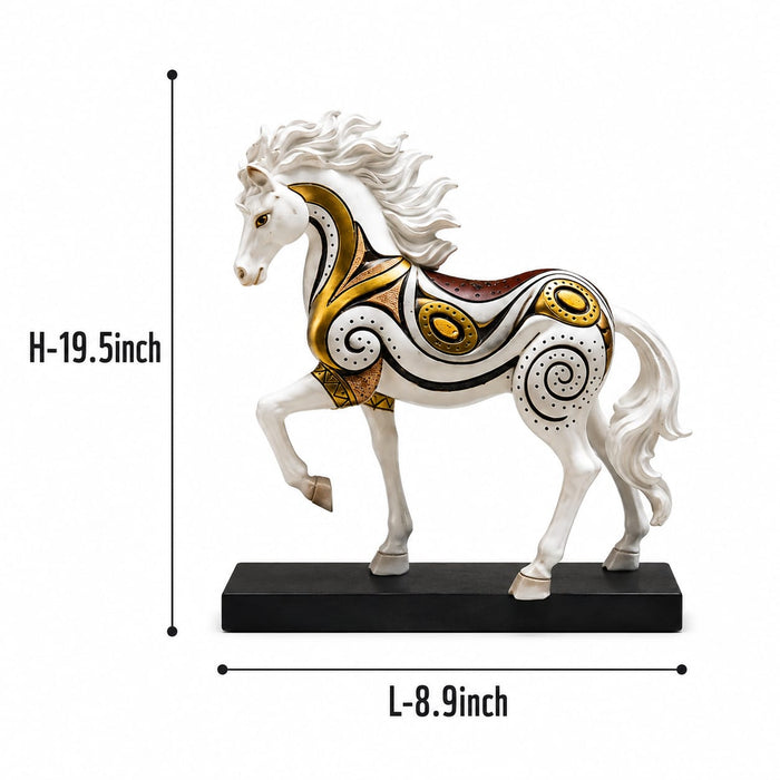 A dimensional diagram illustrating the exact height and width of the White and Gold Horse Figurine.