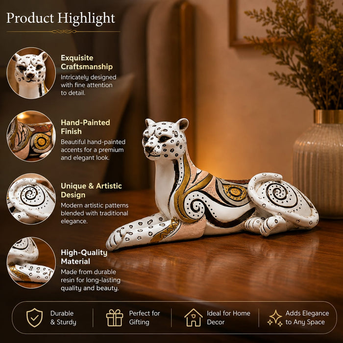 A direct front-facing view of the White and Gold Leopard Figurine showcasing its vibrant details and premium finish.