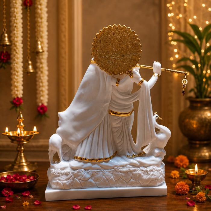 An angled perspective of the White and Gold Radha Krishna Idol highlighting its elegant three-dimensional form and craftsmanship.