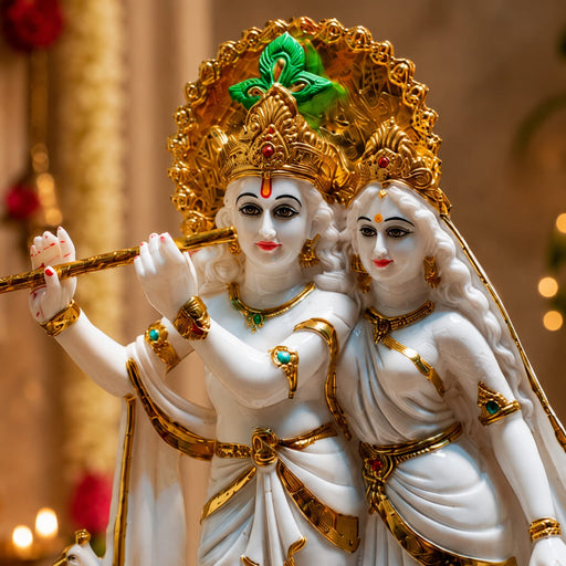A direct front-facing view of the White and Gold Radha Krishna Idol showcasing its vibrant details and premium finish.