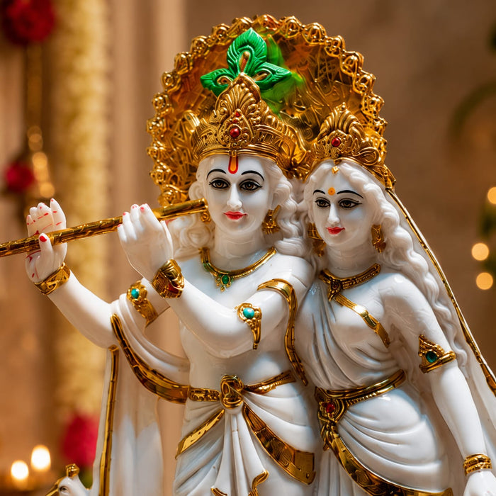 A direct front-facing view of the White and Gold Radha Krishna Idol showcasing its vibrant details and premium finish.