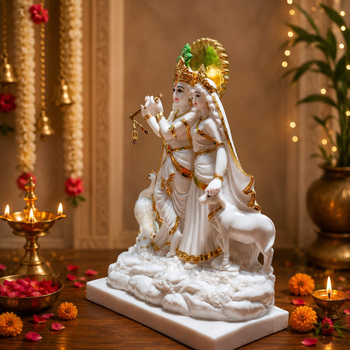 A side profile view of the White and Gold Radha Krishna Idol revealing its graceful silhouette.