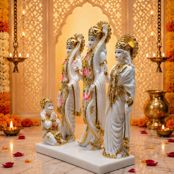 An angled perspective of the White and Gold Ram Darbar highlighting its elegant three-dimensional form and craftsmanship.