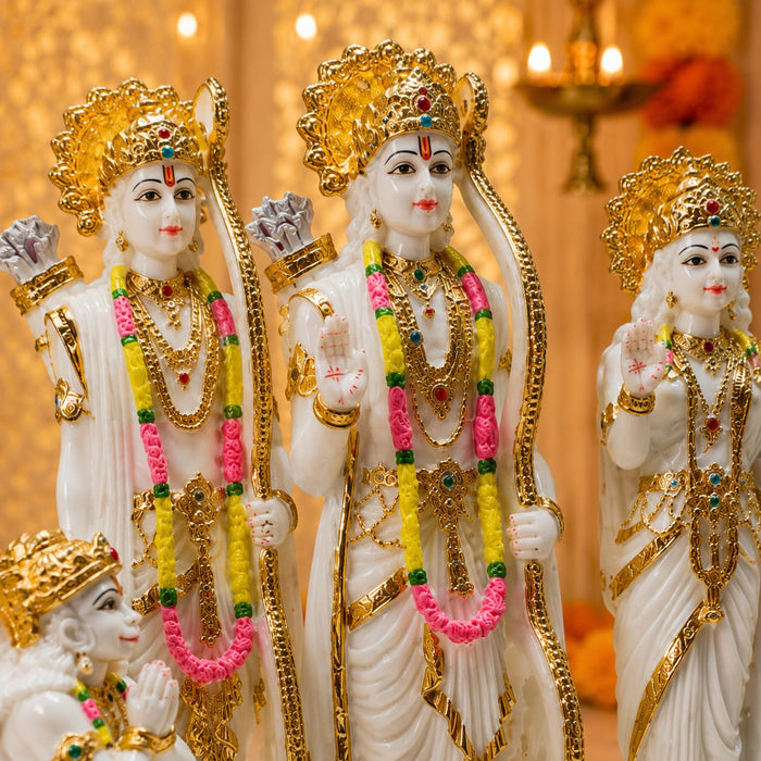 A close-up detail shot of the White and Gold Ram Darbar focusing on the artisanal carving and rich color.