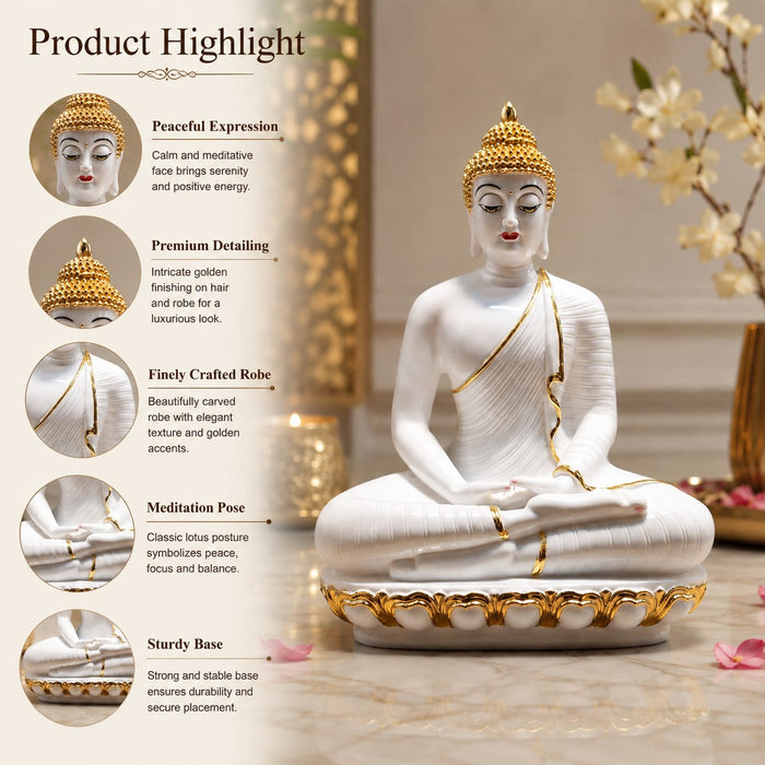 An angled perspective of the White Meditating Buddha Idol highlighting its elegant three-dimensional form and craftsmanship.