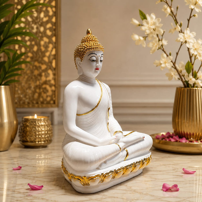 The detailed back view of the White Meditating Buddha Idol showing the intricate texture of the material.