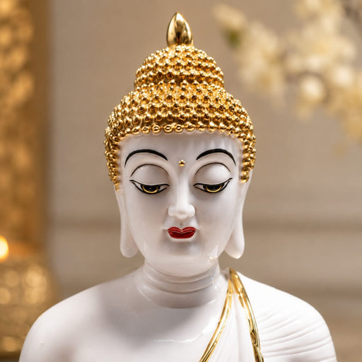 A direct front-facing view of the White Meditating Buddha Idol showcasing its vibrant details and premium finish.