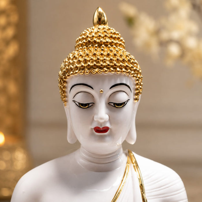 A direct front-facing view of the White Meditating Buddha Idol showcasing its vibrant details and premium finish.