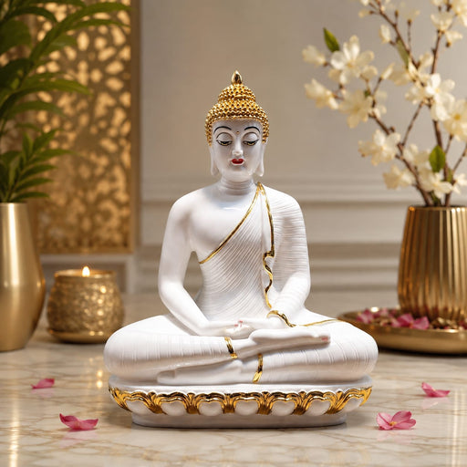 The White Meditating Buddha Idol beautifully styled in a modern home interior setting to inspire decor placement.