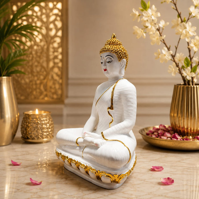 A side profile view of the White Meditating Buddha Idol revealing its graceful silhouette.