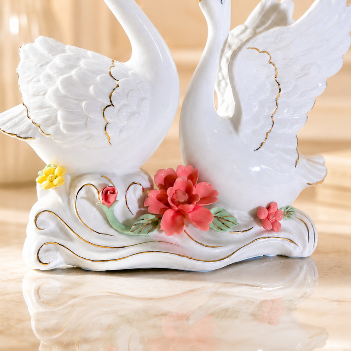 Elegant White Porcelain Swan Pair Showpiece with Gold Accents & Floral Base - Shot 3