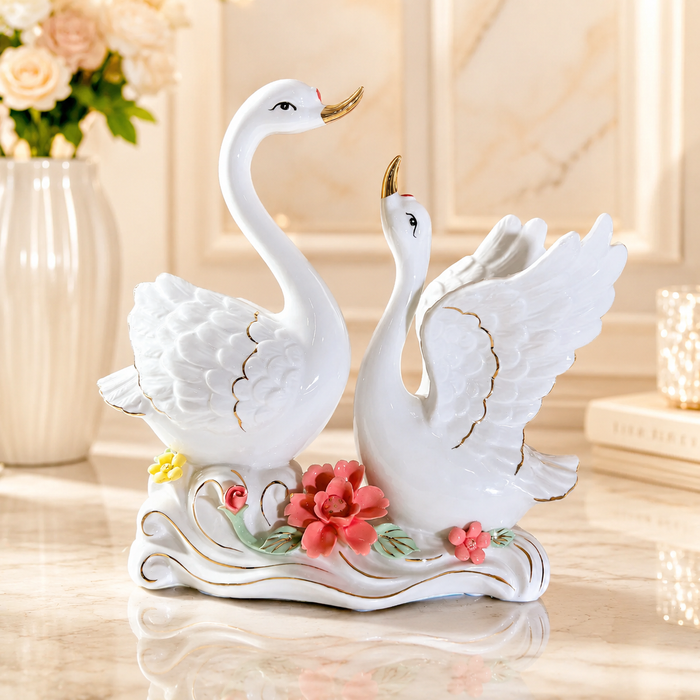 Elegant White Porcelain Swan Pair Showpiece with Gold Accents & Floral Base - Shot 4