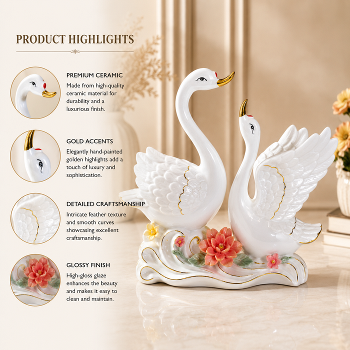 Elegant White Porcelain Swan Pair Showpiece with Gold Accents & Floral Base - Shot 5