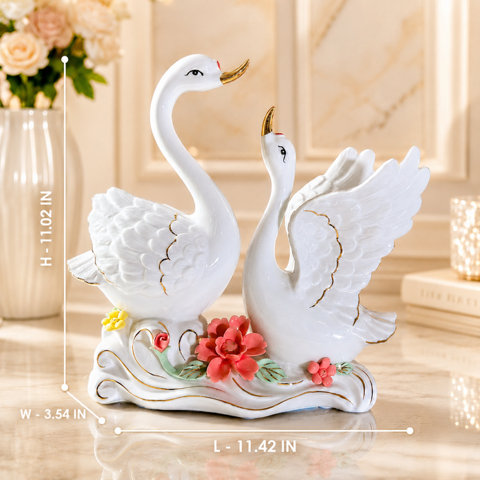 Elegant White Porcelain Swan Pair Showpiece with Gold Accents & Floral Base - Shot 6