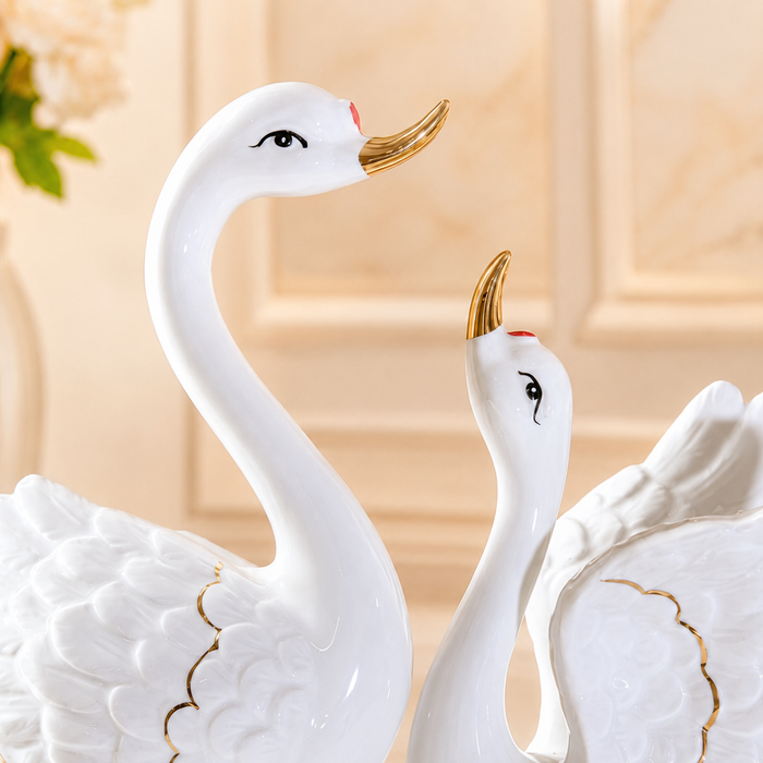 Elegant White Porcelain Swan Pair Showpiece with Gold Accents & Floral Base - Shot 2