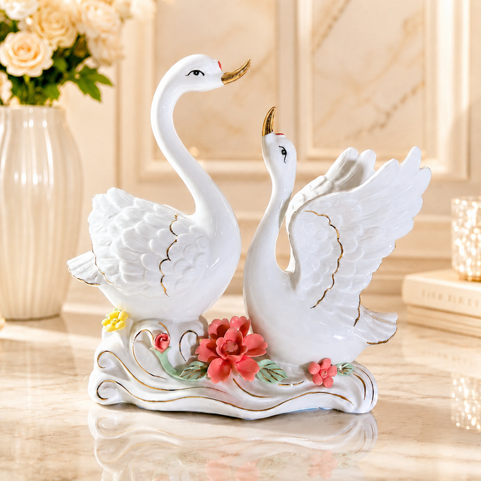 Elegant White Porcelain Swan Pair Showpiece with Gold Accents & Floral Base - Shot 1