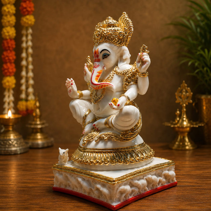 An angled perspective of the White and Red Ganesha Idol highlighting its elegant three-dimensional form and craftsmanship.