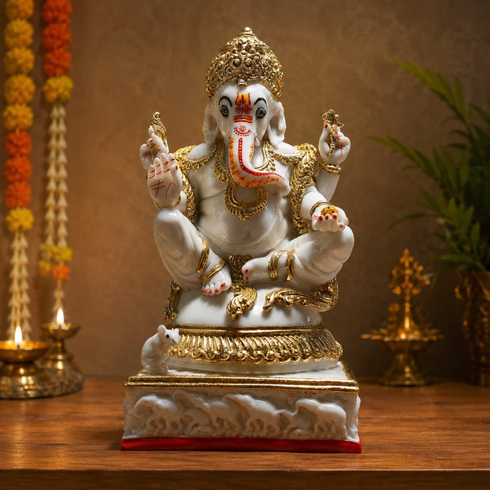 The detailed back view of the White and Red Ganesha Idol showing the intricate texture of the material.