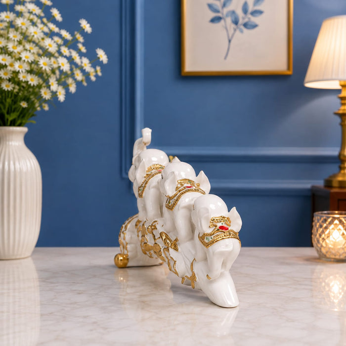 White Resin Elephant Family on Ornate Tusk Showpiece (13 Inch) - View 4