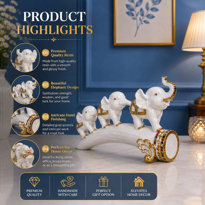 White Resin Elephant Family on Ornate Tusk Showpiece (13 Inch) - View 5