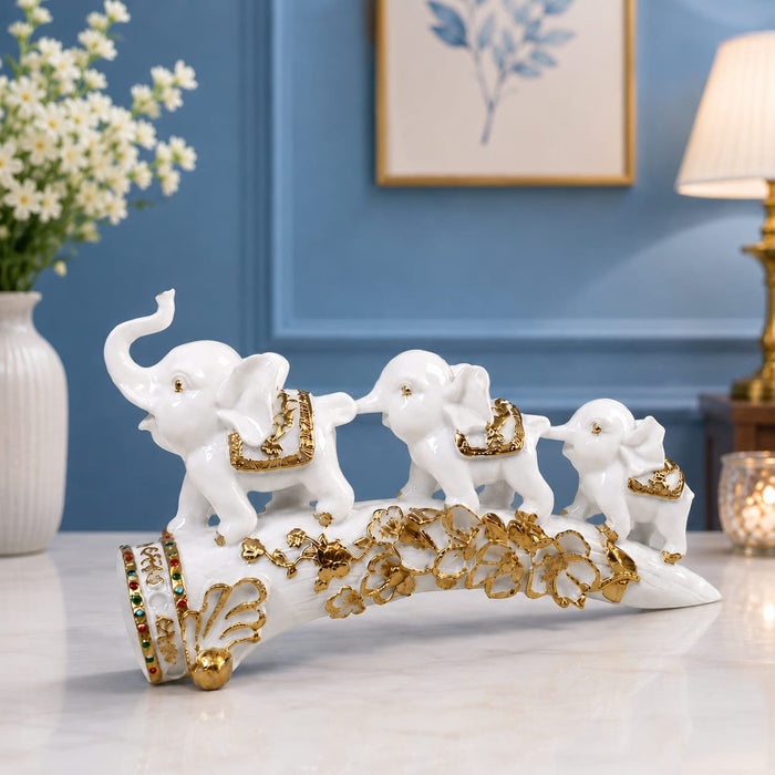 White Resin Elephant Family on Ornate Tusk Showpiece (13 Inch) - View 7