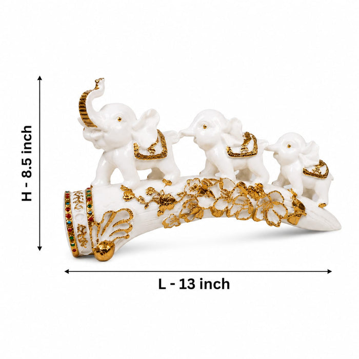 White Resin Elephant Family on Ornate Tusk Showpiece (13 Inch) - View 6