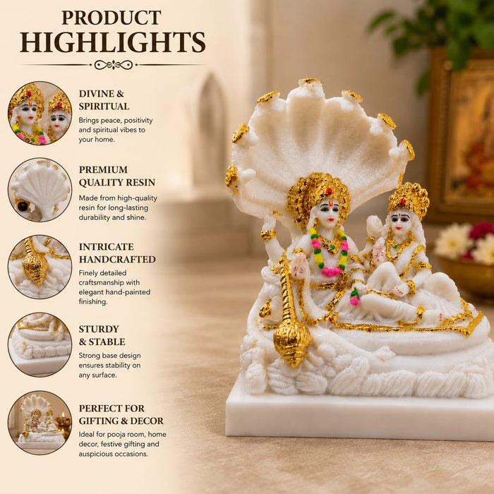White Resin Vishnu & Lakshmi on Sheshnag Idol (8 Inch) - View 3