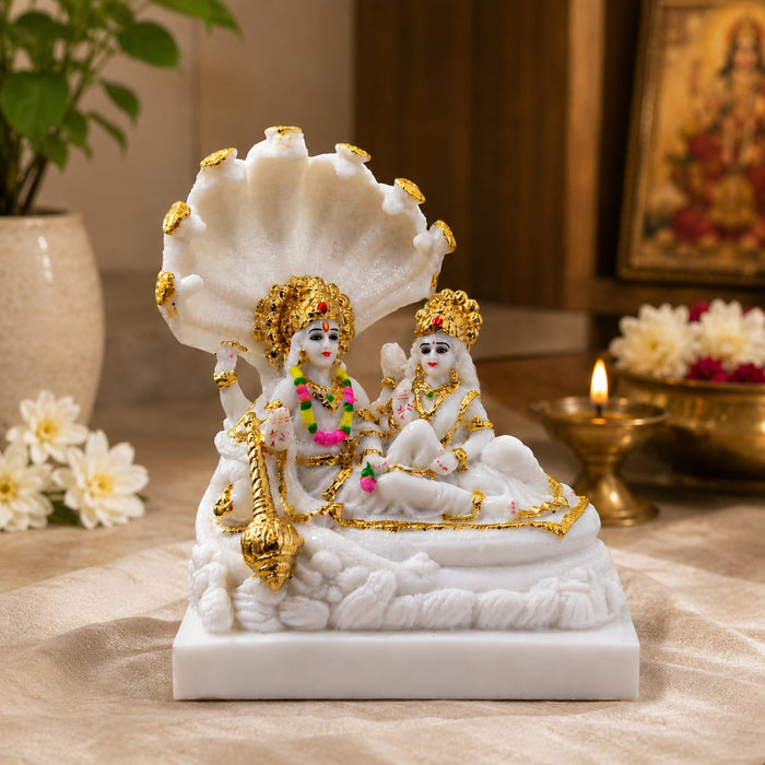 White Resin Vishnu & Lakshmi on Sheshnag Idol (8 Inch) - View 1