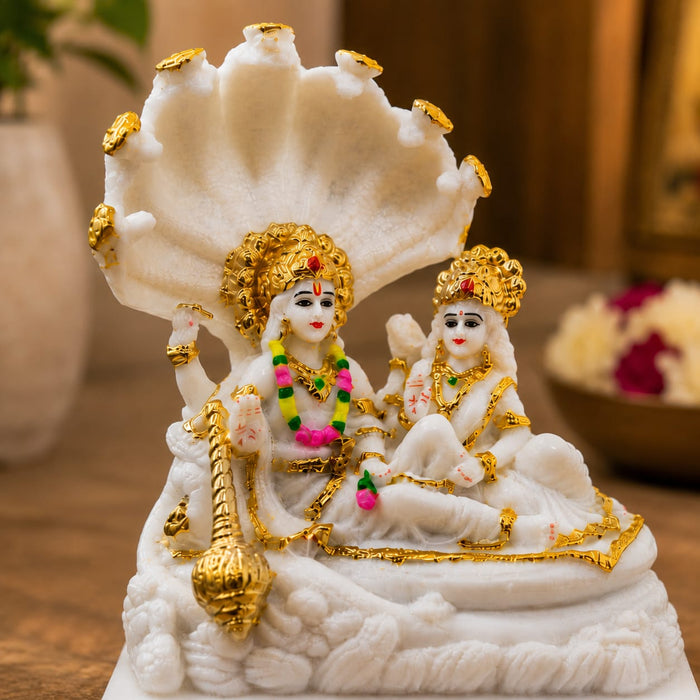 White Resin Vishnu & Lakshmi on Sheshnag Idol (8 Inch) - View 2