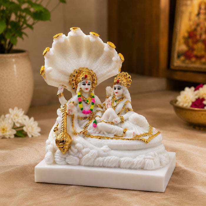 White Resin Vishnu & Lakshmi on Sheshnag Idol (8 Inch) - View 6