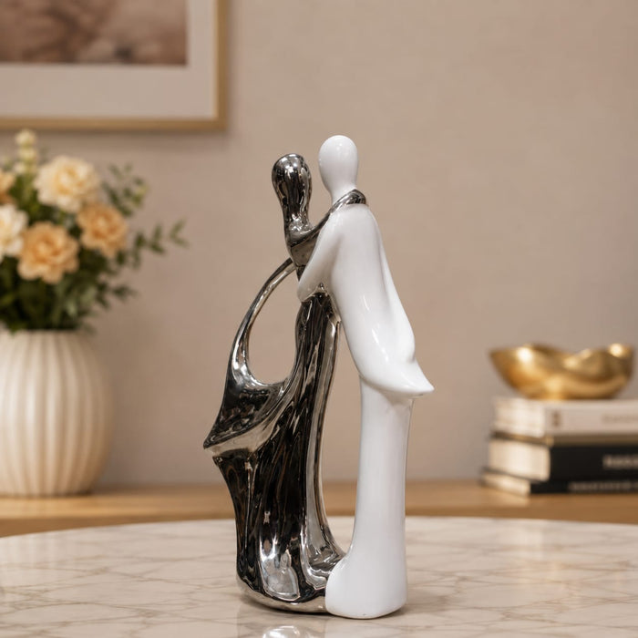Elegant Abstract Porcelain Romantic Couple Statue in White & Silver Finish (12.4 Inch) - Shot 3