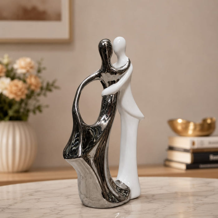 Elegant Abstract Porcelain Romantic Couple Statue in White & Silver Finish (12.4 Inch) - Shot 1