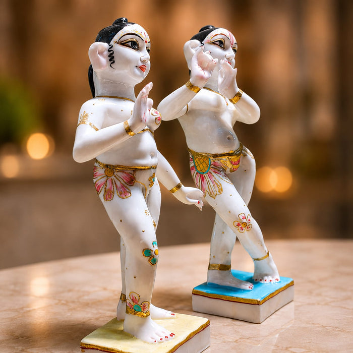 The detailed back view of the White Standing Radha Krishna Idol showing the intricate texture of the material.