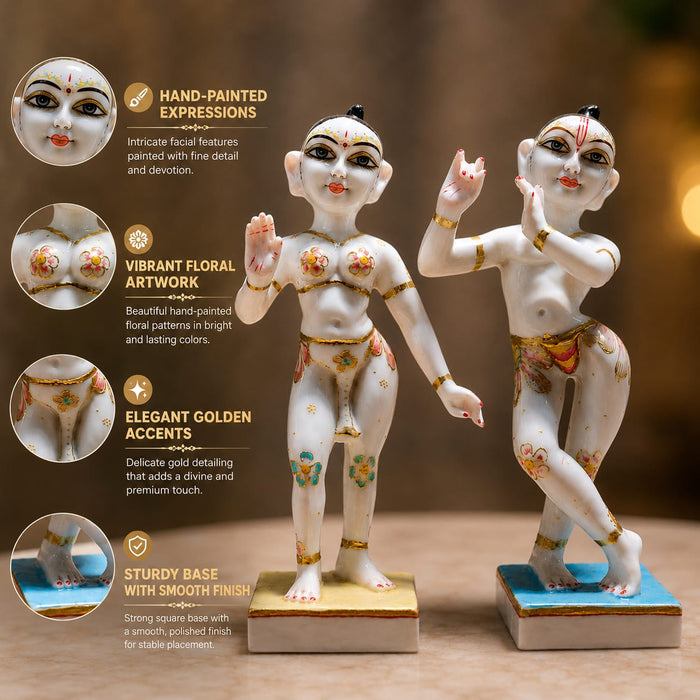 A close-up detail shot of the White Standing Radha Krishna Idol focusing on the artisanal carving and rich color.