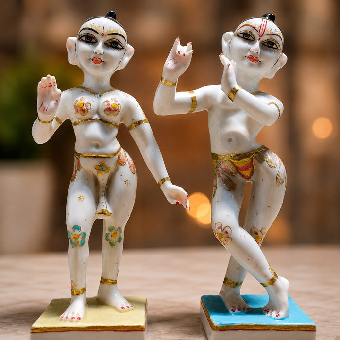 A direct front-facing view of the White Standing Radha Krishna Idol showcasing its vibrant details and premium finish.