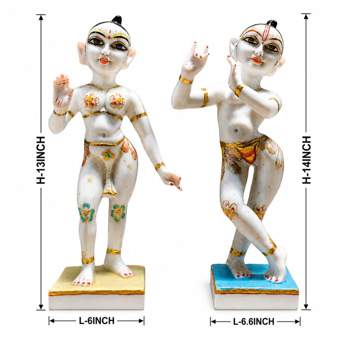 A dimensional diagram illustrating the exact height and width of the White Standing Radha Krishna Idol.