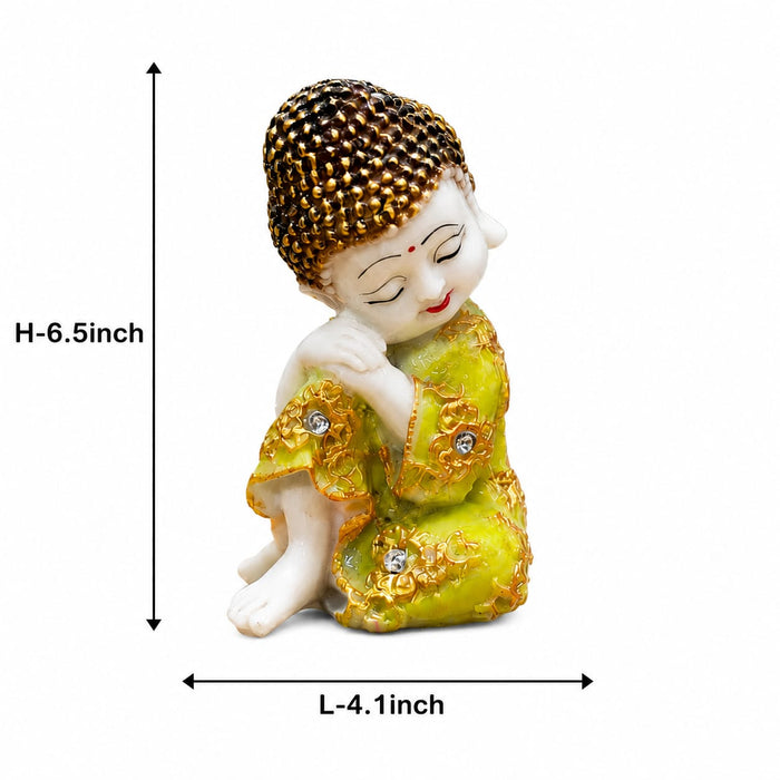 A dimensional diagram illustrating the exact height and width of the Yellow Little Buddha Figurine.